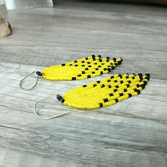 Yellow & Black Beaded Fringe Dangle Earrings, Seed Bead Jewelry 3.5" - Picture 4 of 6